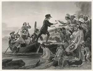 Prints of Roger Williams, clergyman, quarrels with the Massachusetts authorities, so leaves and settles in Rhode Island where he is welcomed by the Narragansett people Colonial History Prints: Roger Williams Print, 17th Century Clergyman in Exile