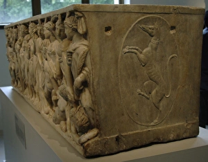 Roman Art. Marble sarcophagus with the contest between the M Roman Art. Marble sarcophagus with the contest between the M