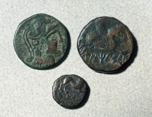 Roman coins. As. Obverse and back depicting Pallas and Pegas Roman coins. As. Obverse and back depicting Pallas and Pegas