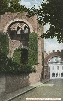Prints of Rougemont Castle, Exeter, Devon - The Gateway/Gatehouse. First built in 1068 to help William the Conqueror maintain control over the city. Date: circa 1910s Exeter Prints: Rougemont Castle Print - The Gateway/Gatehouse, circa 1910s