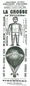 Prints of Poster advertising the ascent of Mr. R. Orton in the Princess Alexandra balloon and his Monster Giant, Middlesex County Cricket Ground - Monday August 12th 1867. Date: 1867 Middlesex Prints: 1867 Ascent of Mr. R. Orton in the Princess Alexandra balloon Print