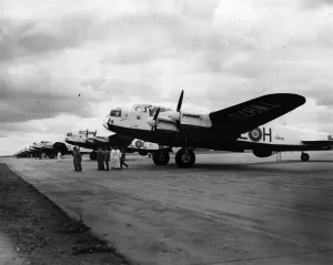 Prints of A line up of Avro Lancaster Is at Gravely, Huntingdonshire. These aircraft from No35 (Madras). Squadron had just returned from a 15, 000 mile goodwill tour of the USA Huntingdonshire Prints: Avro Lancaster Lineup Print at Gravely, Huntingdonshire