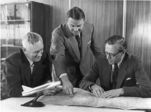 Prints of From left: William Shorrock, manager of the Preston works of English Electric, Roland Beamont, chief test pilot and Frederick Page, chief engineer Preston Prints: English Electric Preston Works Staff Print