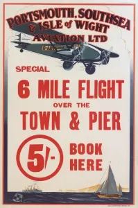 Prints of Poster, Portsmouth, Southsea and Isle of Wight Aviation Ltd, Special 6 Mile Flight over the Town and Pier, five shillings. 20th century Isle Of Wight Prints: Portsmouth, Southsea and Isle of Wight Aviation Print