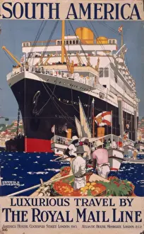 Prints of Striking poster for the Royal Mail Shipping Line to South America, depicting a large ship or passenger liner nearing a harbour Related Prints: Royal Mail Line Print: South American Harbour Scene