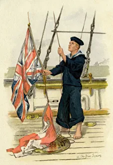 Royal Navy sailor with Union Jack and Red Ensign flags Royal Navy sailor with Union Jack and Red Ensign flags