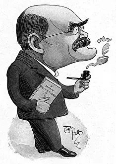 Prints of Rudyard Kipling (1865 - 1936), British writer and poet, pictured in caricature by Tom Hutt, smoking a pipe and holding a copy of Many Inventions. Date: 1914 Rudyard Kipling Prints: Rudyard Kipling 1914 Print by Tom Hutt