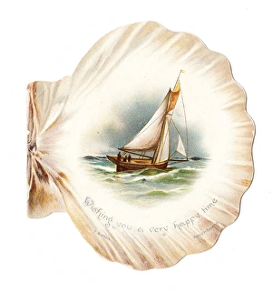 Sailing boat on a shell-shaped greetings card Sailing boat on a shell-shaped greetings card