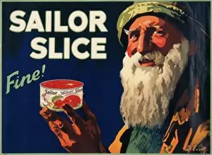 Prints of An advertisement for Sailor Slice tinned salmon. A tin of the stuff is held up by an old fisherman - Fine Salmon Prints: Sailor Slice Tinned Salmon Print, c. 1950s