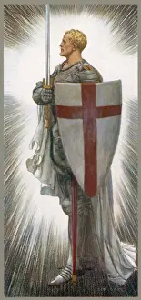 Medieval Art Prints: Saint George Print - Engraving of Saint with Shield and Sword