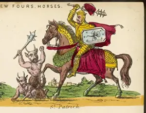 Saint Patrick Print: Military Saint on Horseback with Club and Shield