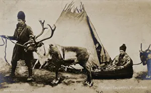 Sami Family, with tent, sled and Reindeer, Finnmark County Sami Family, with tent, sled and Reindeer, Finnmark County