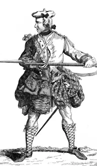 Print of a Highland soldier in full Scottish military attire, circa 1743