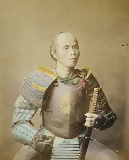 Prints of Samurai warrior, half-length studio portrait, facing front, wearing armor and holding a sword. Date ca. 1877 Japanese Samurai Armor Prints: Samurai Warrior Studio Print, 1877