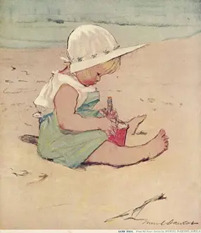 Children Prints: Sand Pies Print: A Young Girl's Beach Activity