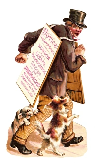 Sandwich board man with dogs on a Victorian scrap Sandwich board man with dogs on a Victorian scrap