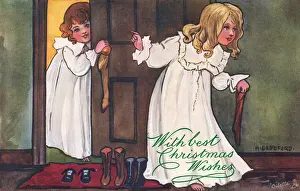 Santa Claus Print: Young Girls in Nightdresses on a Landing