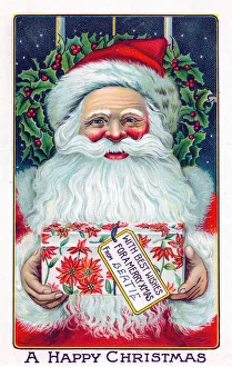 Santa Claus with present on a Christmas postcard Santa Claus with present on a Christmas postcard