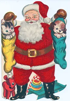 Santa Claus with presents on a Christmas card Santa Claus with presents on a Christmas card