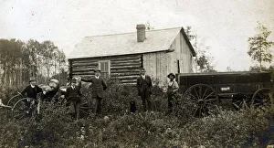 Saskatchewan River bridge - Group of men, log cabin Saskatchewan River bridge - Group of men, log cabin