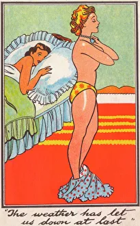Saucy Postcard - Lady lovers bemoan (?) bad weather Saucy Postcard - Lady lovers bemoan (?) bad weather