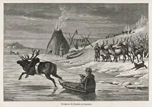 Lapland Scene Print: Reindeer Herd and Smoked Fish Hut