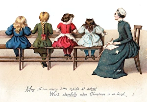 Schoolgirls and teacher on a Christmas card Schoolgirls and teacher on a Christmas card