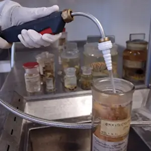 Science Laboratory Equipment Prints: Scientist at work adding alcohol to a specimen jar