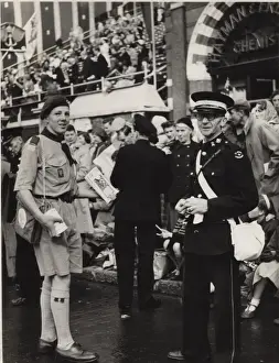London Street Scene 1950s Prints: Scout selling Coronation programmes