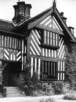 Prints of The splendid half-timbered porch of Shibden Hall, near Halifax, Yorkshire, England. Date: 15th century Halifax Prints: Shibden Hall 15th Century Print of Half-Timbered Porch