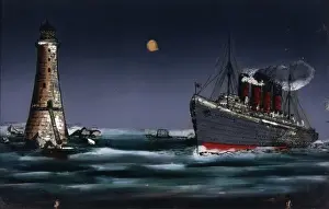 Lighthouse At Night Prints: Ship sails past lighthouse