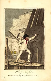 Shipwright driving wedges into the stern of a ship Shipwright driving wedges into the stern of a ship