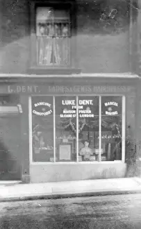 Prints of Shop-front/Premises of Luke Dent - Barber, Sheffield, Yorkshire, England. Date: 1910s York Prints: Shop-front Print - Luke Dent Barber, Sheffield, 1910s