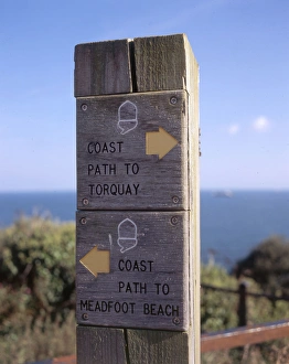 Signpost on coastal footpath near Torquay, Devon Signpost on coastal footpath near Torquay, Devon