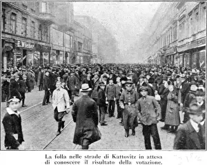 Prints of In Silesia, with a mixed German and Polish population, residents of Kattowitz/ Katowice await the results of the plebiscite which will divide the region Poland Prints: Awaiting Plebiscite Results: Silesia Print 1921