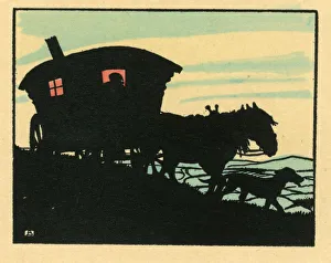 Silhouette of horse-drawn gypsy caravan Silhouette of horse-drawn gypsy caravan