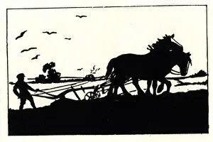 Silhouette, Ploughman with plough and horses Silhouette, Ploughman with plough and horses