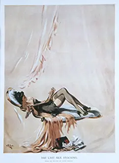 A woman in a negligee reclines in an easy chair, holding her last silk stocking