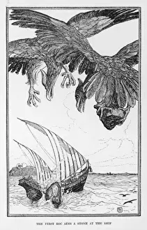 Framed Print : Sinbad Print: Roc Attacks Ship with Stone Framed Print : Sinbad Print: Roc Attacks Ship with Stone