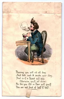 Single man drinking and smoking on a comic greetings card Single man drinking and smoking on a comic greetings card