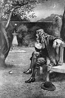 Prints of SIR ISaC NEWTON - watches the apples dropping in his Lincolnshire garden - and wonders why they fall ? Date: 1642-1727 Lincolnshire Prints: Sir Isaac Newton - A Moment of Discovery Print
