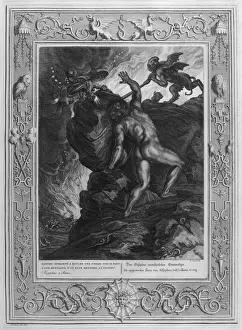 Print of Sisyphus pushing a massive stone up a mountain