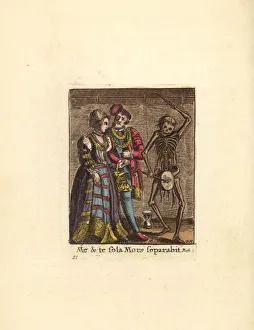 Skeleton of Death beating a drum for a newly married couple Skeleton of Death beating a drum for a newly married couple
