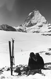 Skiing Break Print: Alpine Scenic Pause, 1960s
