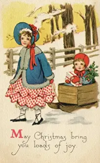 Framed Print : Small boy pulled along in sledge Print c.1920 Framed Print : Small boy pulled along in sledge Print c.1920