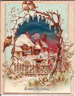Snow scene with birds and cottage on a Christmas card Snow scene with birds and cottage on a Christmas card