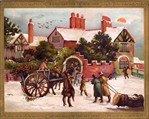 Snow scene outside a house on a New Year card Snow scene outside a house on a New Year card