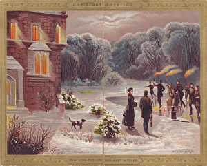 Snow scene with skaters on a Christmas card Snow scene with skaters on a Christmas card