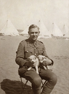 Soldier at camp holding two puppies, WW1 Soldier at camp holding two puppies, WW1