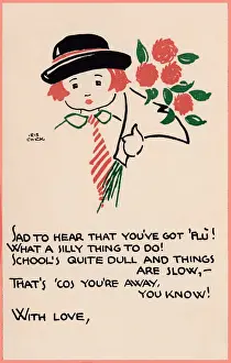 Get Well Soon Print: Schoolgirl with Flowers, circa 1928
